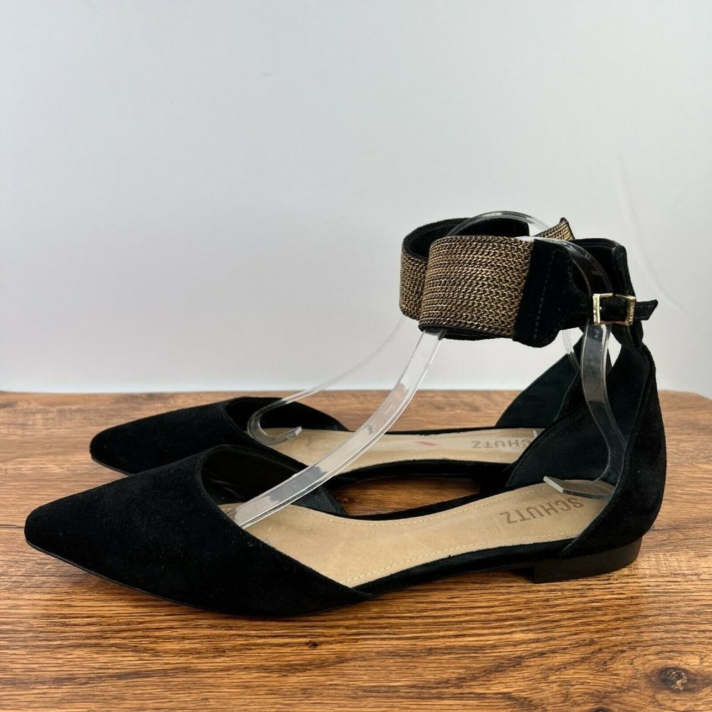 Schutz Women's 9.5B Alexaa Black Suede Pointed Toe Gold Ankle Cuff D'Orsay Flats - Picture 4 of 8